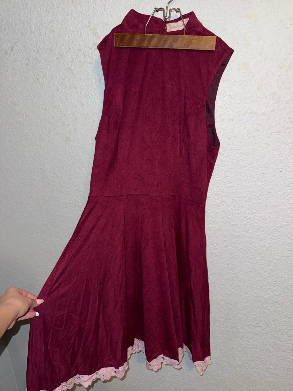 Altar'd State Wine Red Sleeveless Mini Dress with Pink Lace Hem